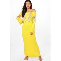 Off The Shoulder Printed Embroidery Maxi Dress - yellow