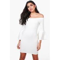 off the shoulder flute bodycon dress ivory