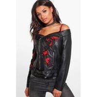 off the shoulder embroidered biker black