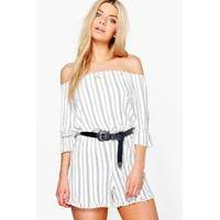 Off The Shoulder Striped Playsuit - white