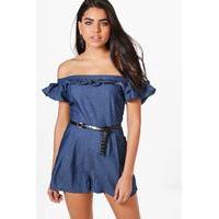 Off The Shoulder Frill Chambray Playsuit - blue