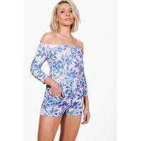 Off Shoulder Printed Playsuit - blue