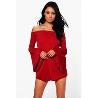 Off The Shoulder Flare Sleeve Playsuit - berry