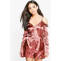 off the shoulder button front playsuit bronze