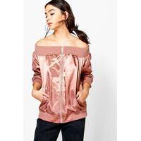 off the shoulder satin bomber antique rose