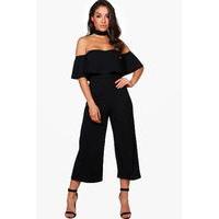 off shoulder ruffle culotte choker jumpsuit black