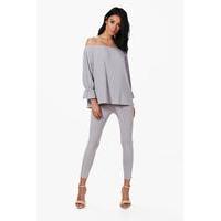 off the shoulder slinky trouser co ord silver