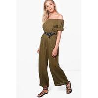 Off The Shoulder Cheesecloth Jumpsuit - khaki