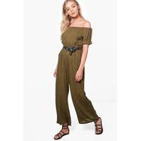 off the shoulder cheesecloth jumpsuit khaki