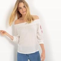 off the shoulder blouse with embroidered 34 length sleeves