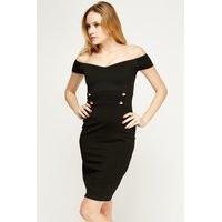 Off Shoulder Black Button Detailed Dress