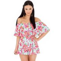 off the shoulder bardot printed frill neck skater playsuit mint