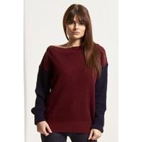 Off Shoulder Contrast Sleeve Chunky Knit Jumper