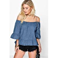 Off The Shoulder Denim Ruffle Top - blue