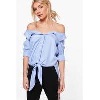 Off The Shoulder Pinstripe Tie Shirt - blue