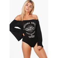 off the shoulder band print bodysuit black