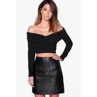 Off The Shoulder Pleated Collar Crop Top - black