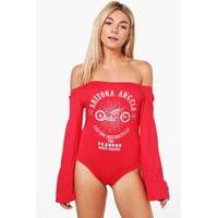 Off The Shoulder Band Print Bodysuit - red