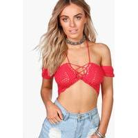 off the shoulder lace up crochet top pink