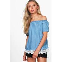 off the shoulder crochet hem denim top blue