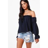 Off The Shoulder Frill Detail Blouse - navy