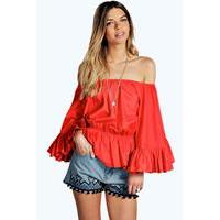 off the shoulder frill detail top red