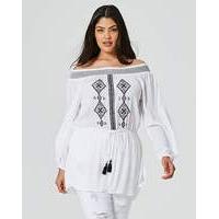 Off Shoulder Crinkle Embroidered Tunic