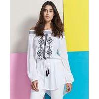 off shoulder crinkle embroidered tunic