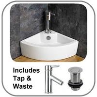 olbia space saving ceramic white corner wash basin with tap and plug
