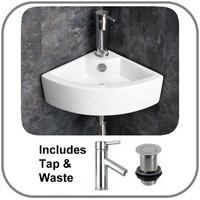 Olbia 40.4cm Wide Space Saving Wall Mounted Corner Basin Lever Mixer Tap and Pop Up Waste