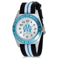 Olympique de Marseille Analogue Silver Dial Stripe Strap Watch - Junior - Black/White/Blue