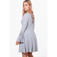 Olivia Cross Back Ribbed Skater Dress - grey