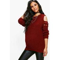 Olivia Open Shoulder Distressed Jumper - berry