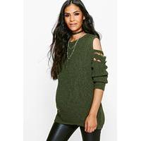 olivia open shoulder distressed jumper khaki