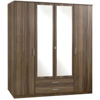 Omega Walnut 4 Door 2 Drawer Mirrored Wardrobe - Walnut