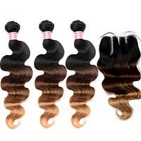 Ombre Brazilian Hair With Closure 4 Pcs/Lot Ombre Hair Bundles With Lace Closures Body Wave Colored 1B/4/27