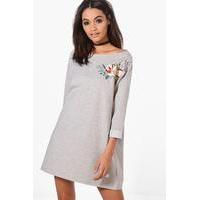 One Shoulder Embroidered Sweat Dress - grey