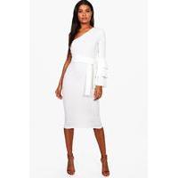 One Shoulder Frill Tiered Midi Bodycon Dress - ivory
