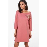 One Shoulder Embroidered Sweat Dress - rose