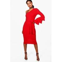 One Shoulder Frill Tiered Midi Bodycon Dress - red