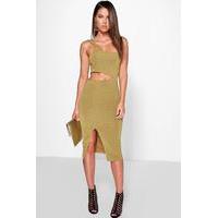 One Strap Cut Out Waist Split Midi Dress - olive