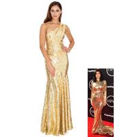 one shoulder sequin sheath maxi in the style of kylie jenner gold