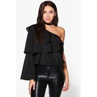 one shoulder ruffle top black