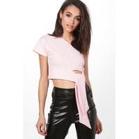 one shoulder tie front crop baby pink