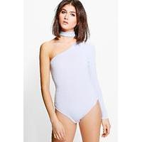 One Shoulder Bodysuit With Choker - grey