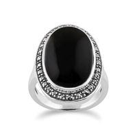 Onyx Sparkling Marcasite Ring in 925 Sterling Silver