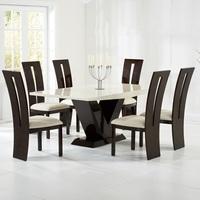 ophelia marble dining set in cream and brown with 6 chairs