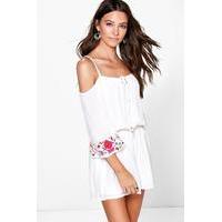 open shoulder embroidered playsuit white