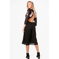 open back embroidered culotte jumpsuit black