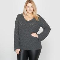 Openwork V-Neck Jumper with Pagoda Sleeves